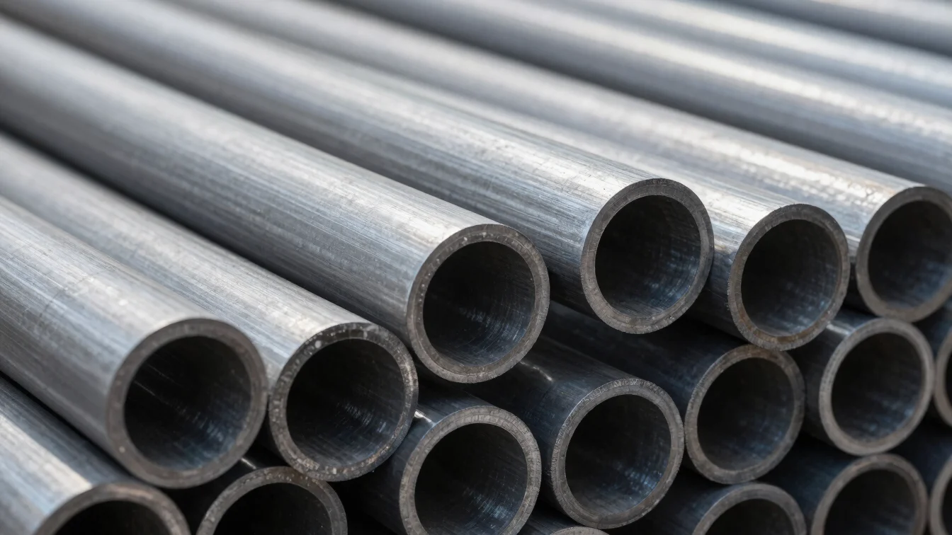 Close detail of seamless steel tube ends and outer surface finish in cool steel gray, even factory light, precise macro