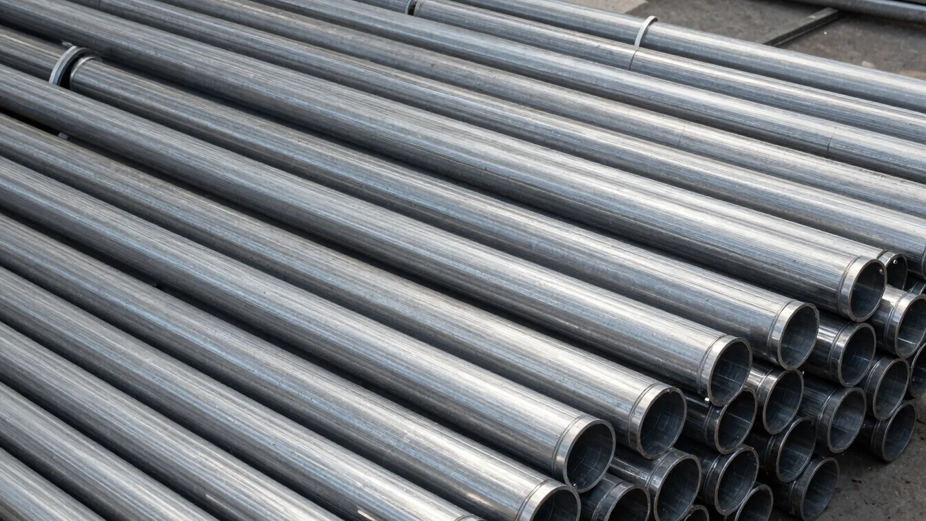Orderly overhead study of stacked seamless structural pipe bundles in a clean industrial yard, cool steel palette, preci