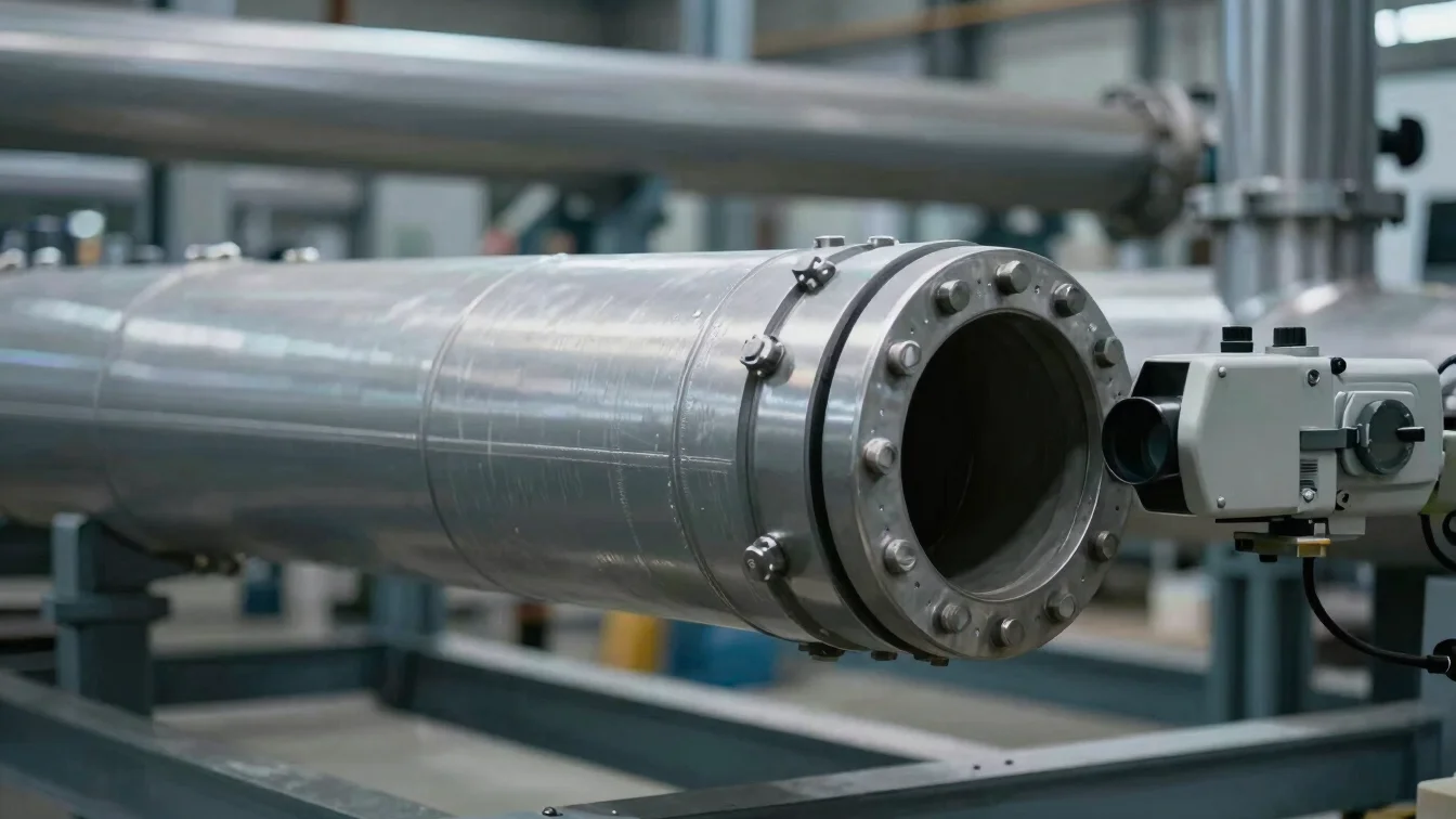 Inspection detail of a seamless pressure pipe end under controlled factory lighting, inspection instrument in frame, coo