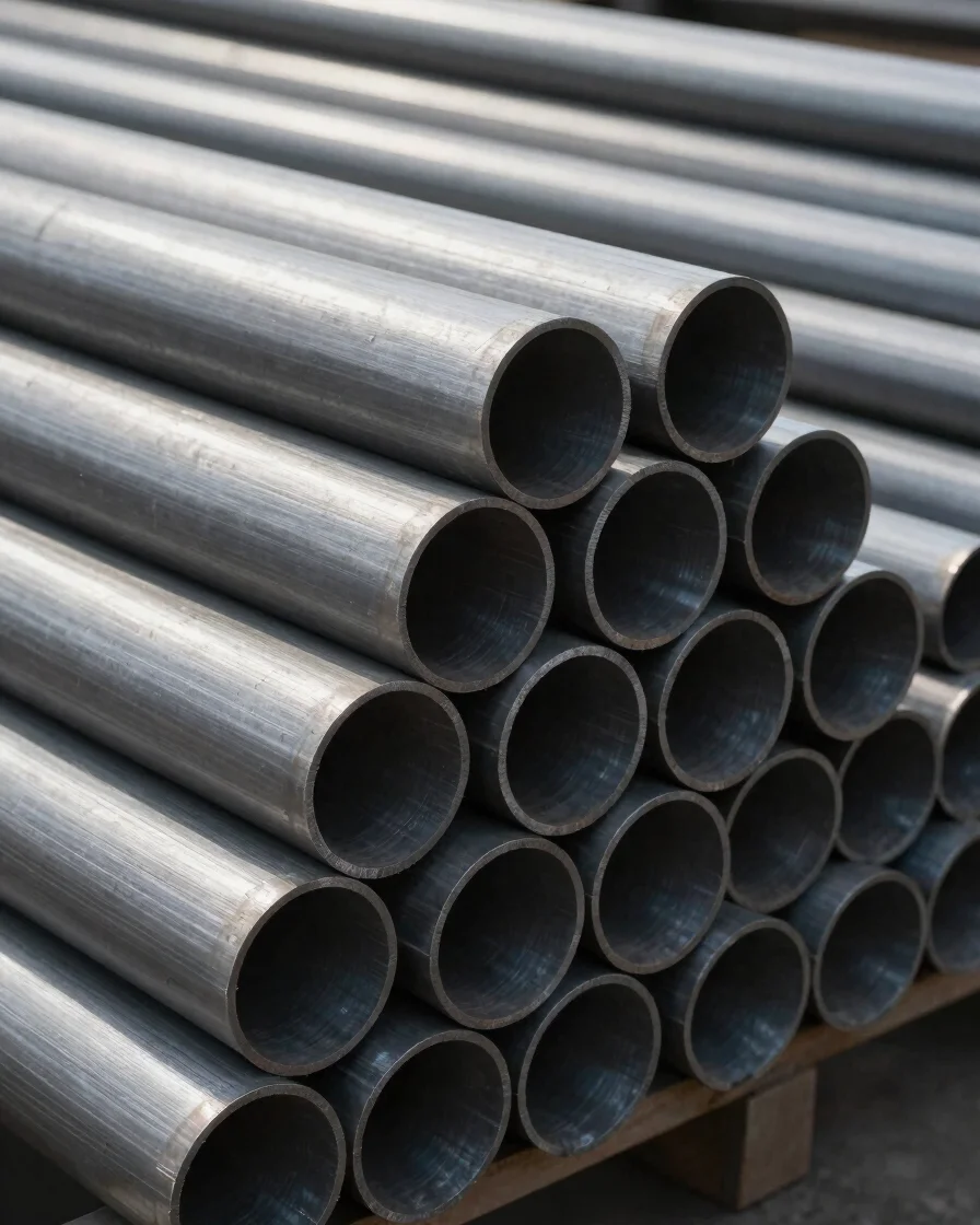 Industrial editorial photograph of bundled seamless steel pipes w